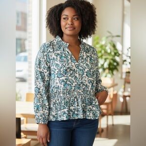 LOFT Teal and White Floral Smocked Peplum Blouse